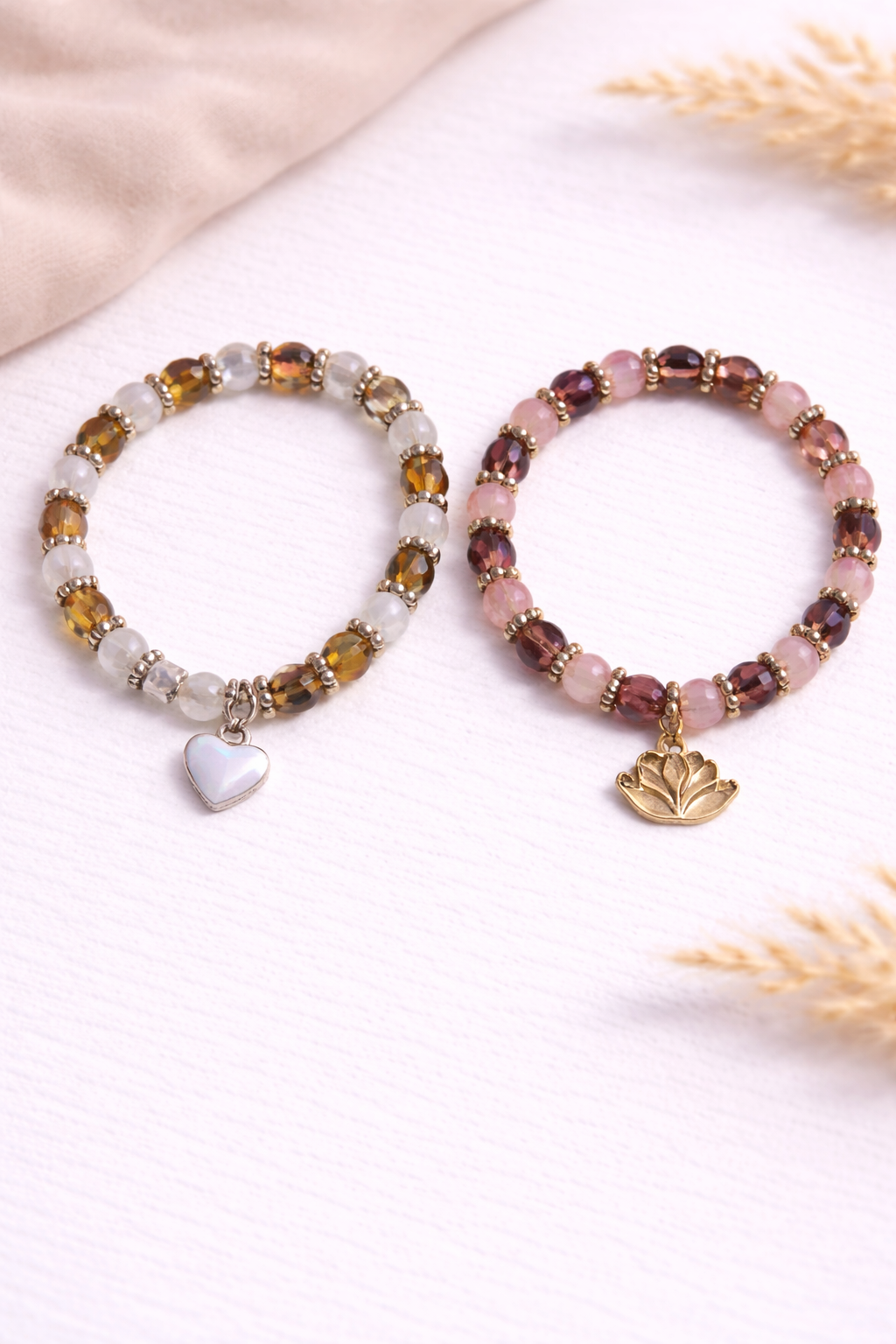 Two Beautiful Glass Beaded Bracelet Pair - Heart & Flower Charms