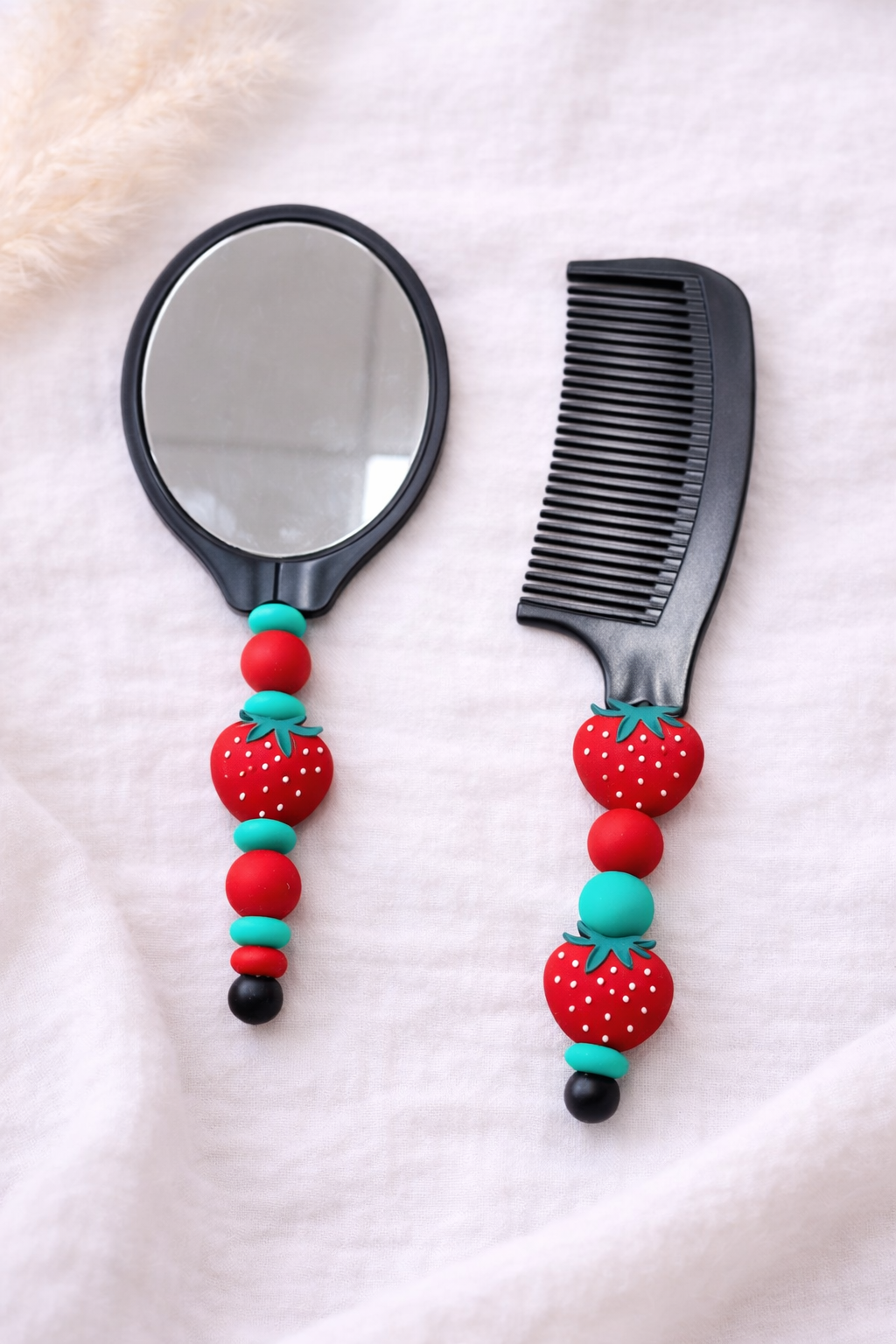 Beaded Mirror & Comb Set - Black with Red & Green Strawberry Beads