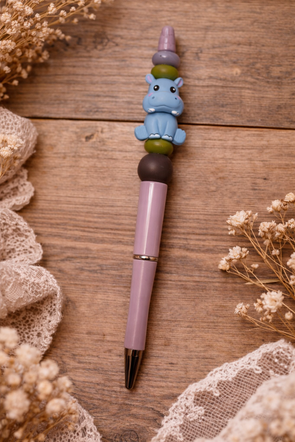 Light Purple Beaded Pen with Adorable Hippo Charm and Earth Tone Accent Beads