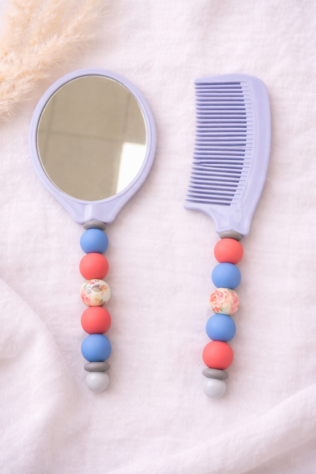 Beaded Mirror & Comb Set - Light Blue with Blue, Pink, and Floral Beads