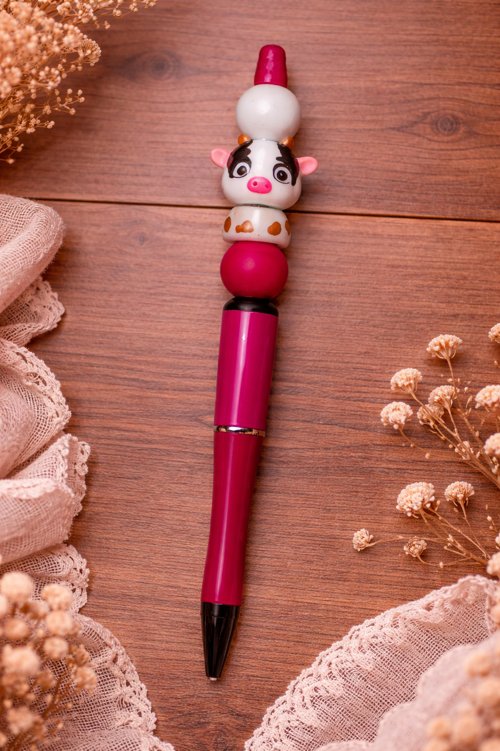 Adorable Cow Beaded Pen with White & Pink Accent Beads