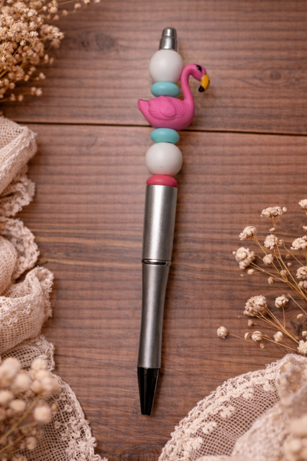 Adorable Flamingo Beaded Pen with White & Blue Accent Beads