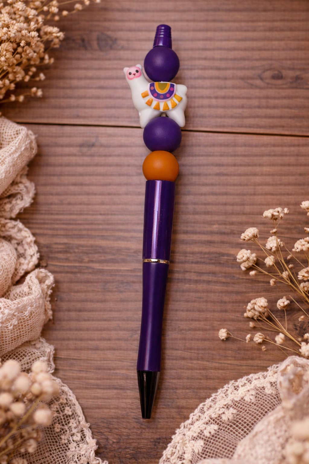 Adorable Llama Beaded Pen with Purple & Orange Accent Beads