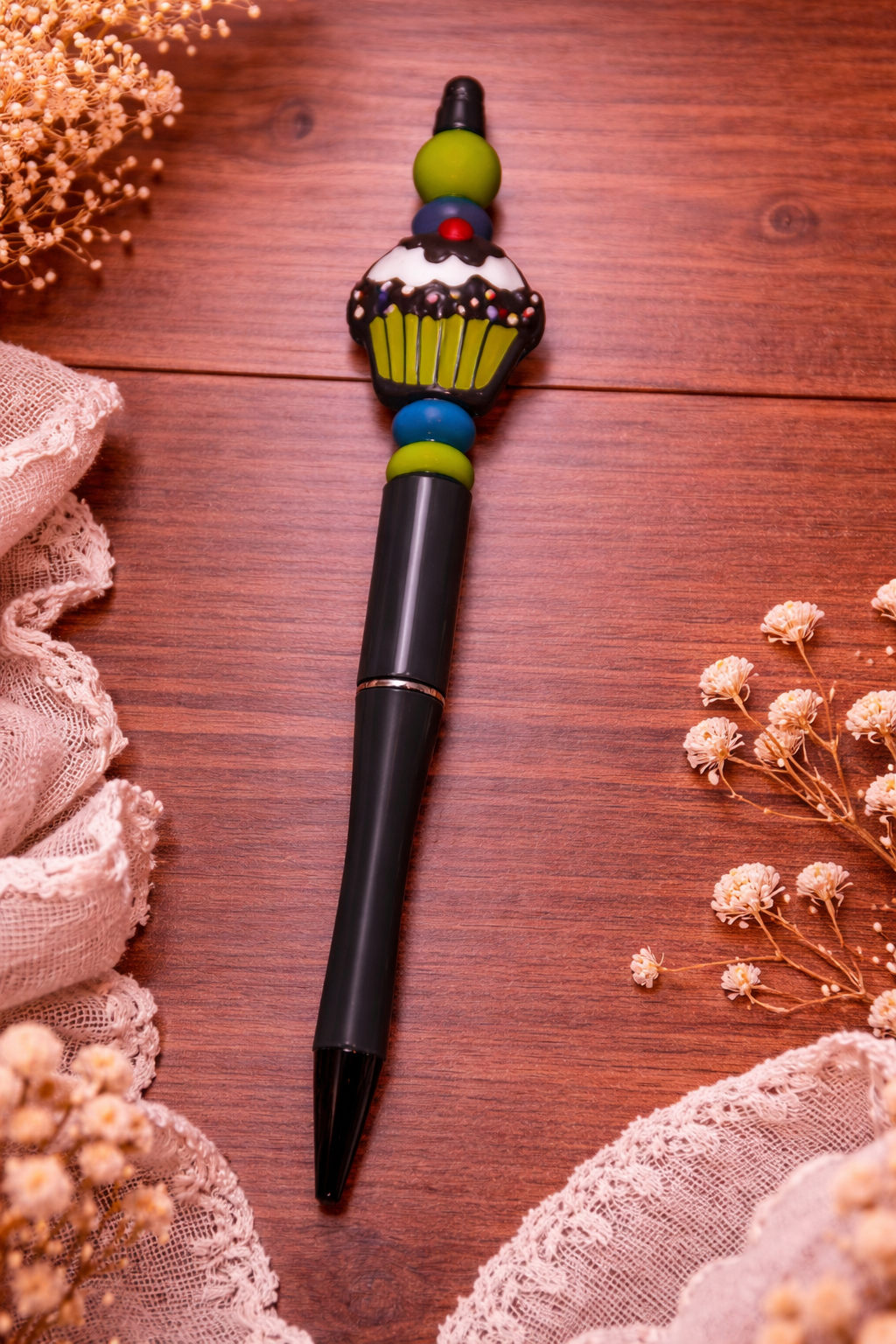 Cupcake Beaded Pen with Green & Blue Accent Beads