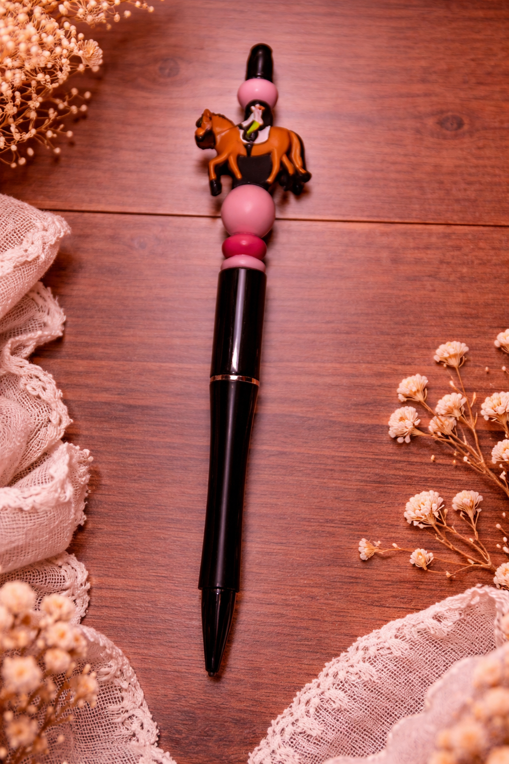 Horse and Rider Beaded Pen with Pink Accent Beads