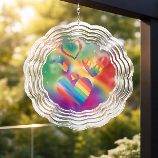 8" Handmade Wind Spinner - Rainbow Hearts