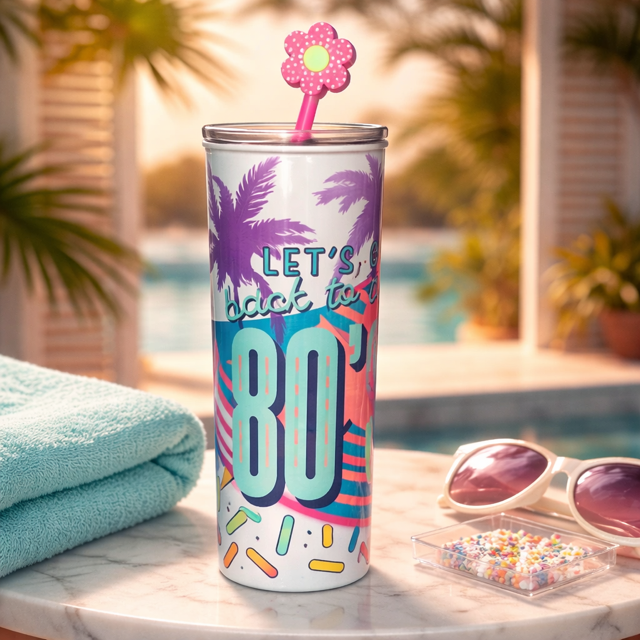 Let's Go Back to the 80s with Pink Checkered Flower Straw Topper