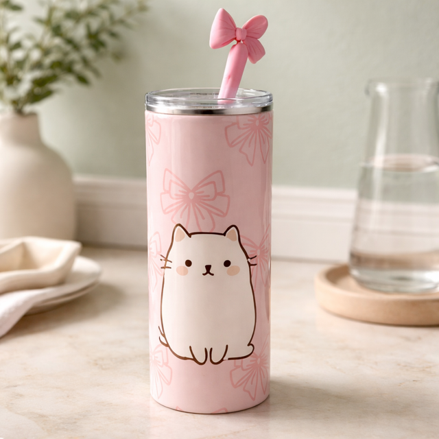 Cute Kitty with Pink Bow Straw Topper