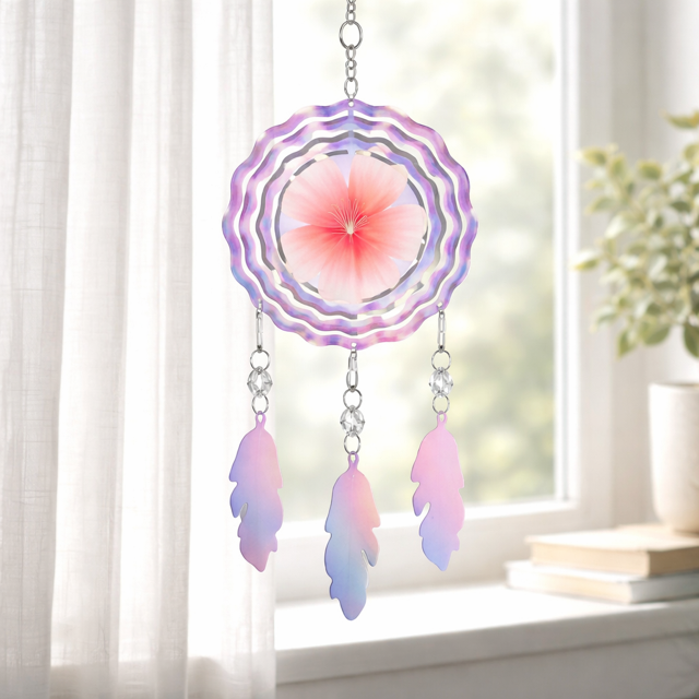 4" Handmade Dream Catcher Wind Spinner - Pink Flower