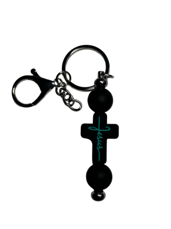 Black & Teal Jesus Cross Beaded Keychain with Black Accent Beads