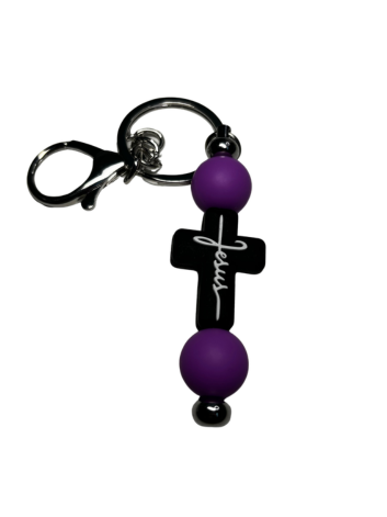 Black Cross Beaded Keychain with Bright Purple Accents