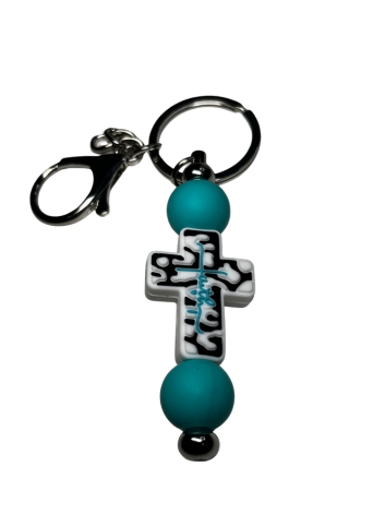 Black & White Faith Cross Beaded Keychain with Teal Accents