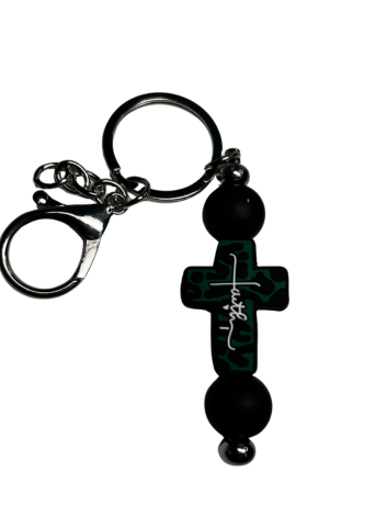 Black & Teal Faith Cross Beaded Keychain with Black Accent Beads