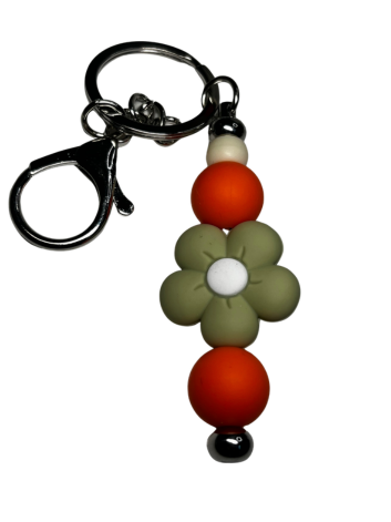 Muted Green Flower Beaded Keychain with Bright Orange Accent Beads