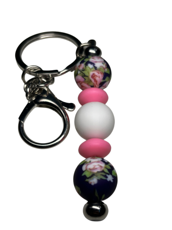 Navy Floral Beaded Keychain with Pink & White Accents
