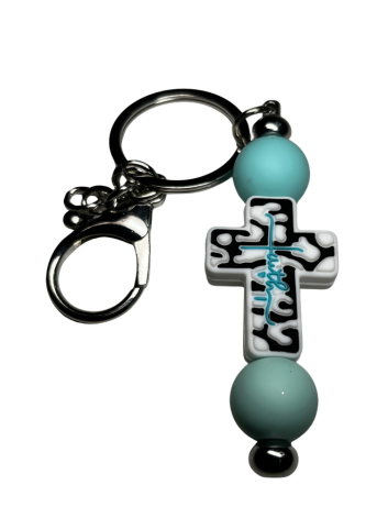 Faith Cross Beaded Keychain with Aqua Accents