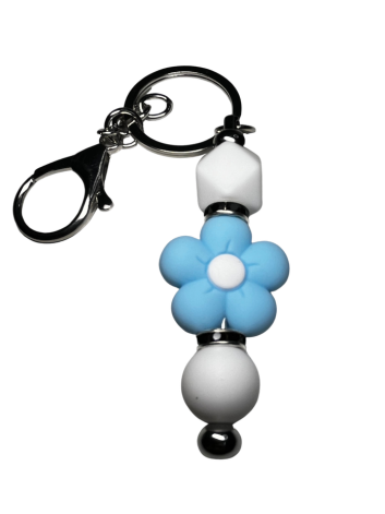 Light Blue Flower Beaded Keychain with White & Black Accents