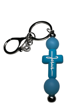 Blue Cross Beaded Keychain with Blue Accent Beads
