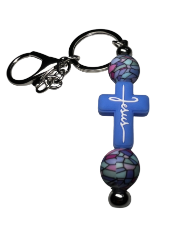 Blue Cross Beaded Keychain with Stained Glass Look Accents
