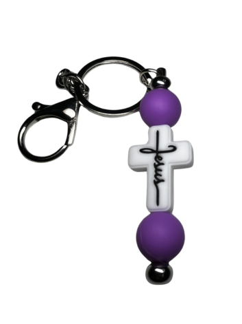 White Cross Beaded Keychain with Bright Purple Accent Beads