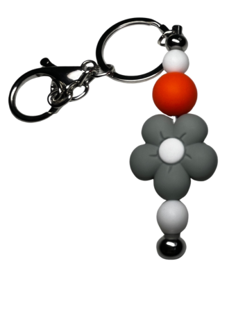 Muted Green/Gray Flower Beaded Keychain with Bright Orange Accent