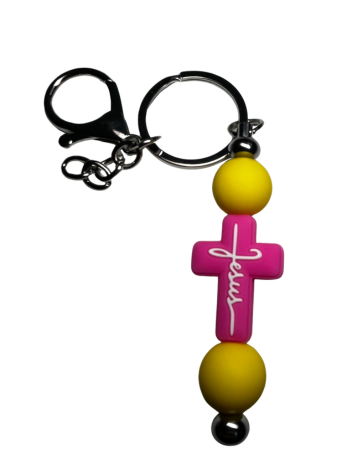 Bright Pink Cross Beaded Keychain with Bright Yellow Accent Beads