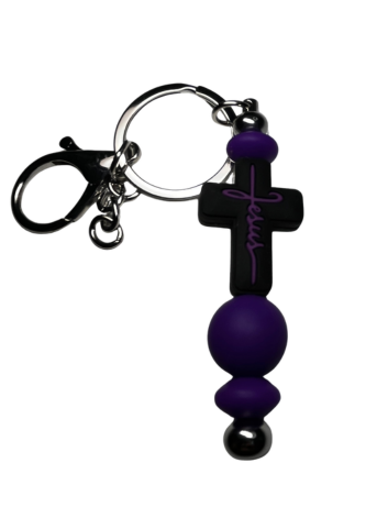 Black & Purple Faith Cross Beaded Keychain with Dark Purple Accents