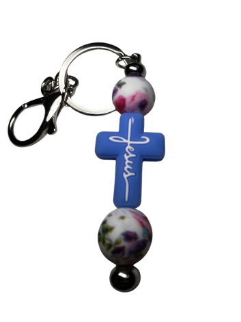 Blue Cross Beaded Keychain with Floral Accent Beads