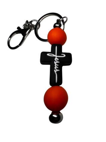 Black Cross Beaded Keychain with Bright Orange Accent Beads