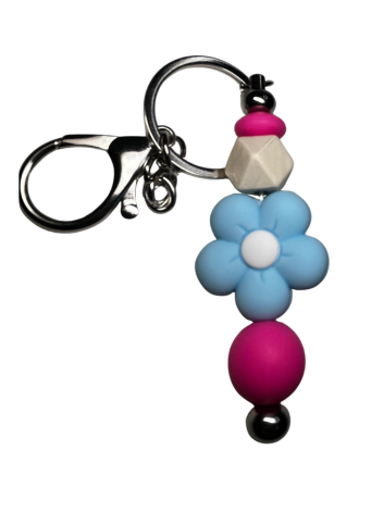 Blue Flower Beaded Keychain with Hot Pink Accents
