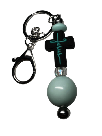 Black & Teal Jesus Cross Beaded Keychain with Light Teal Accents