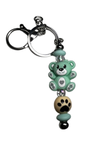 Adorable Teal Bear Beaded Keychain with Paw Print Accent Bead