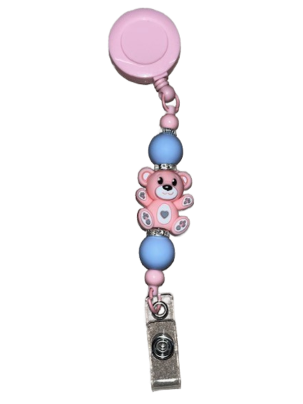 Beaded Clip-On Retractable Badge Holder - Pink Bear