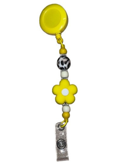 Beaded Clip-On Retractable Badge Holder - Yellow Flower