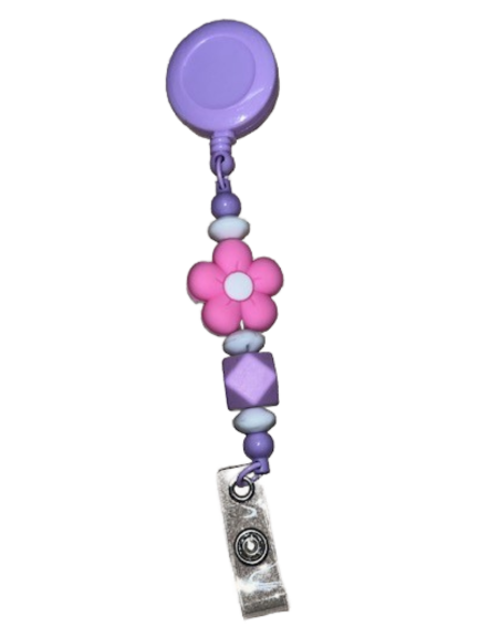 Beaded Clip-On Retractable Badge Holder - Purple with Pink Flower