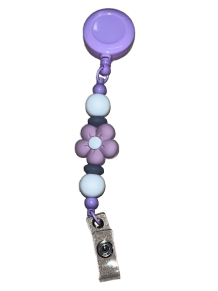 Beaded Clip-On Retractable Badge Holder - Purple Flower