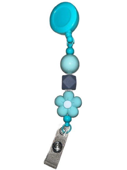 Beaded Clip-On Retractable Badge Holder - Blue Flower