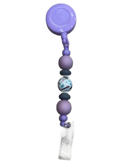 Beaded Clip-On Retractable Badge Holder - Purple