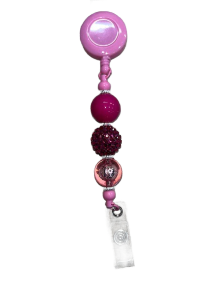Beaded Clip-On Retractable Badge Holder - Pink