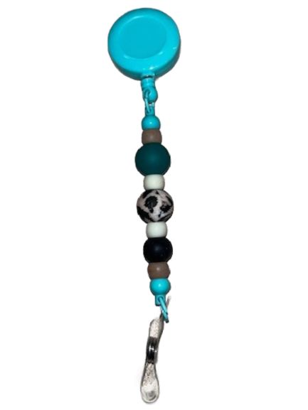 Beaded Clip-On Retractable Badge Holder - Teal with Animal Print Center Bead