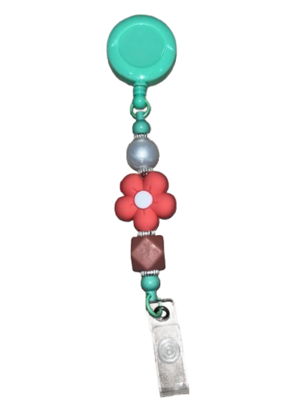 Beaded Clip-On Retractable Badge Holder - Mint with Pink Flower