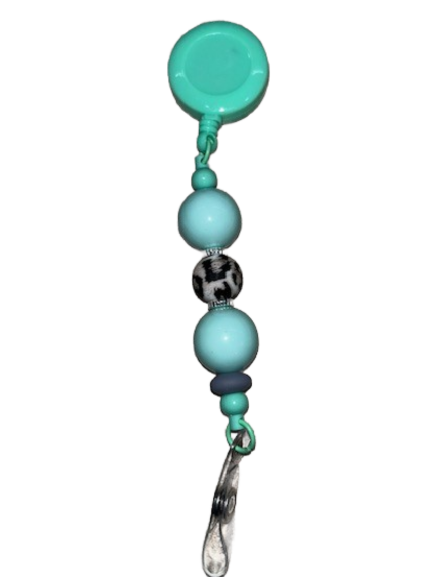 Beaded Clip-On Retractable Badge Holder - Teal with Animal Print Bead