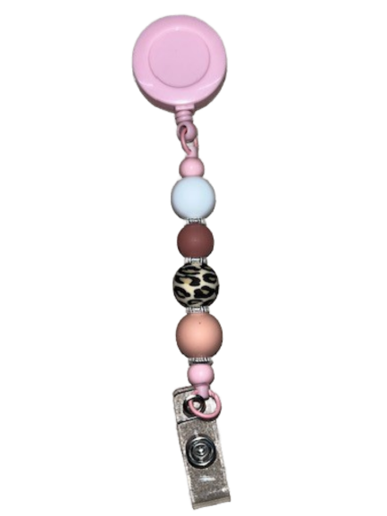 Beaded Clip-On Retractable Badge Holder - Pink with Animal Print Bead