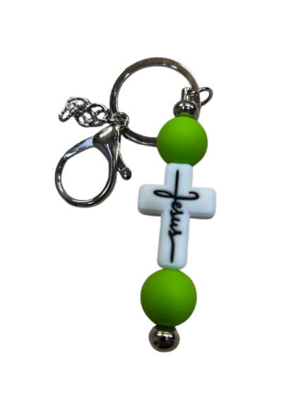 White Jesus Cross Beaded Keychain with Green Accent Beads