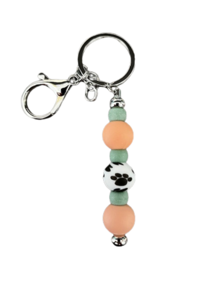 Paw Print and Peach Beaded Keychain