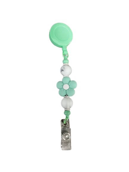 Pastel Green Flower Clip-On Retractable Badge Holder